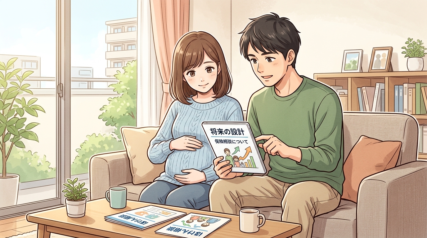 ソファに座りながら将来のライフプラン表や提案書を一緒に見つめる妊婦夫婦