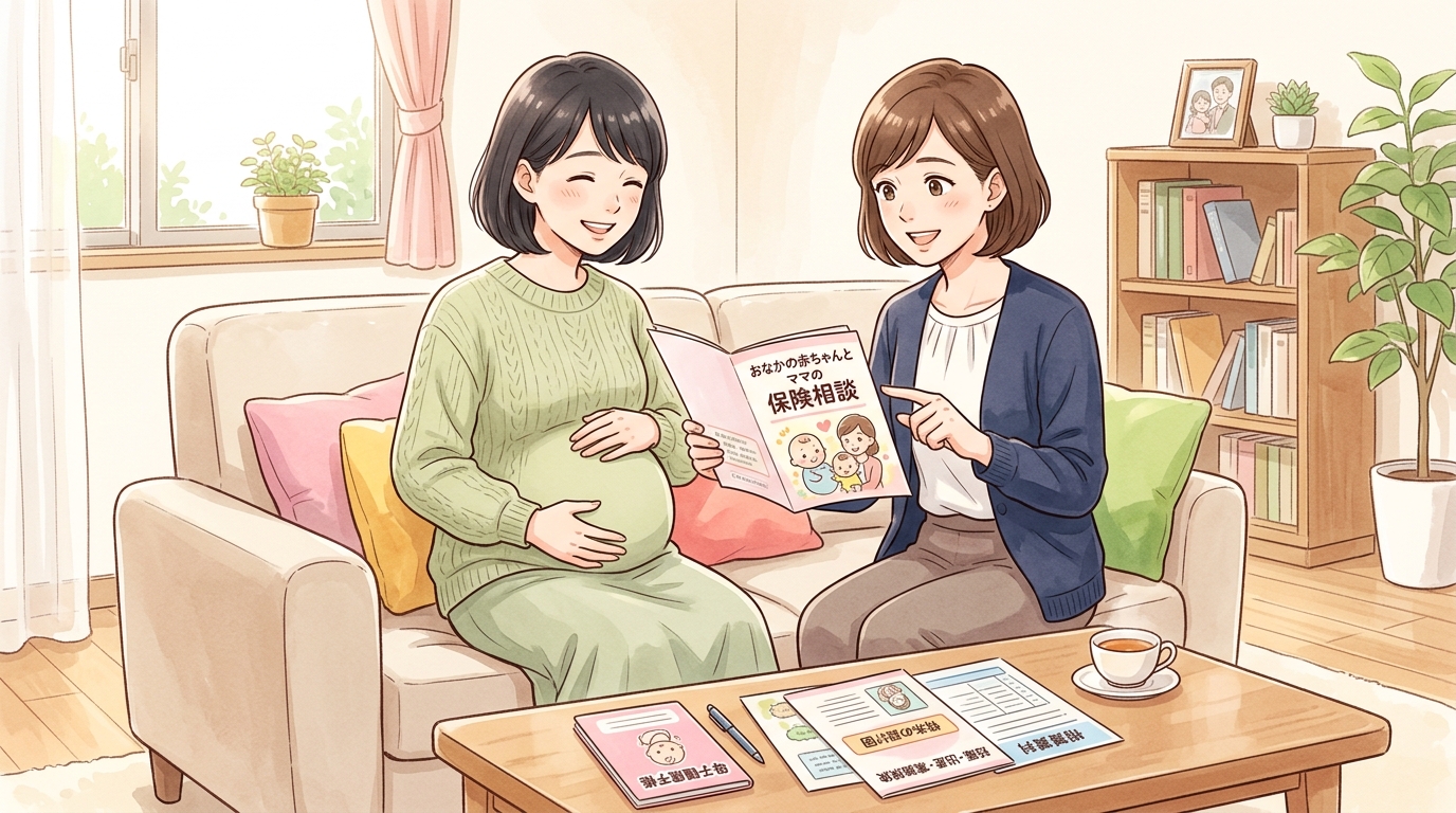 自宅で女性プランナーからベビープラネットのパンフレットを見ながら説明を受ける妊婦の様子