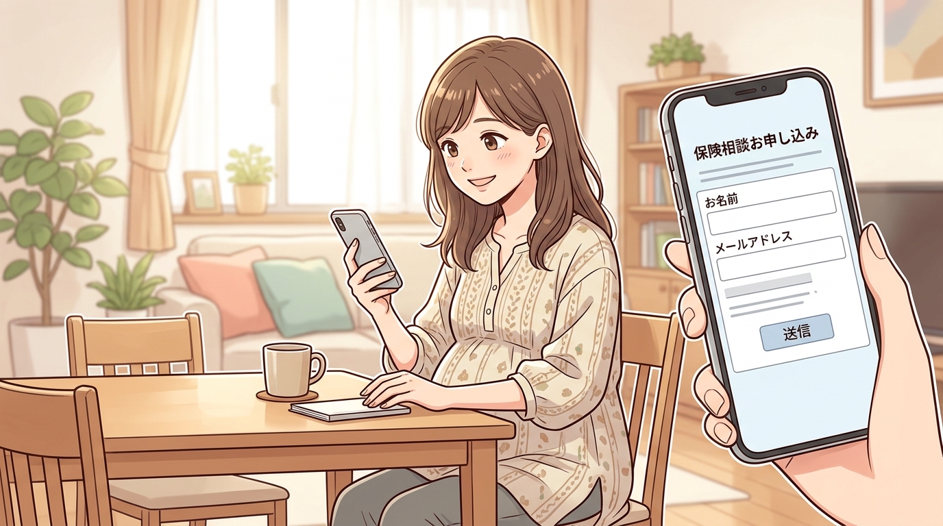 スマートフォンを使って無料相談の申し込みフォームに入力している妊婦