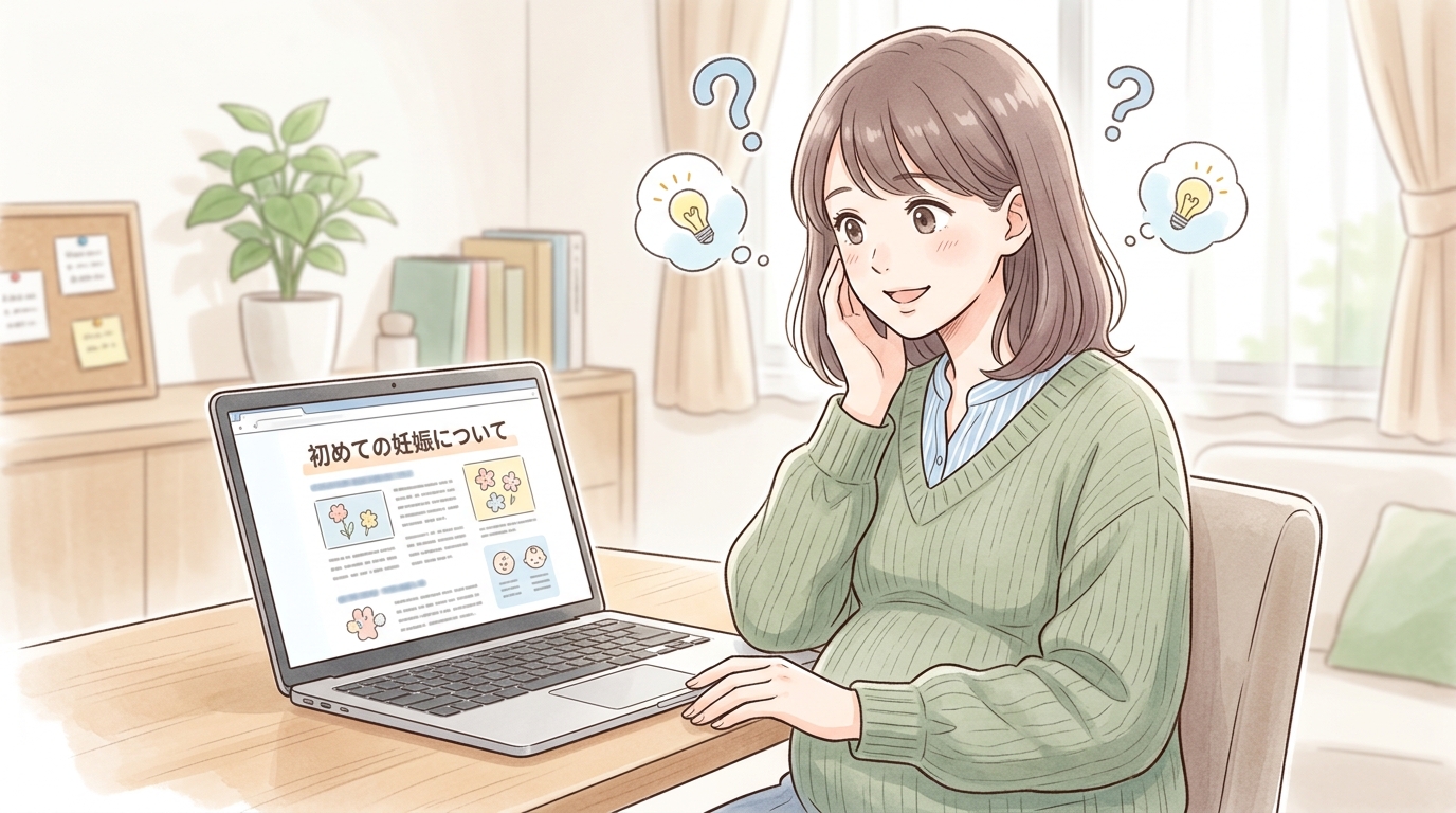 初めての生命保険やライフプランについてパソコンで調べ物をしながら悩む妊婦の様子
