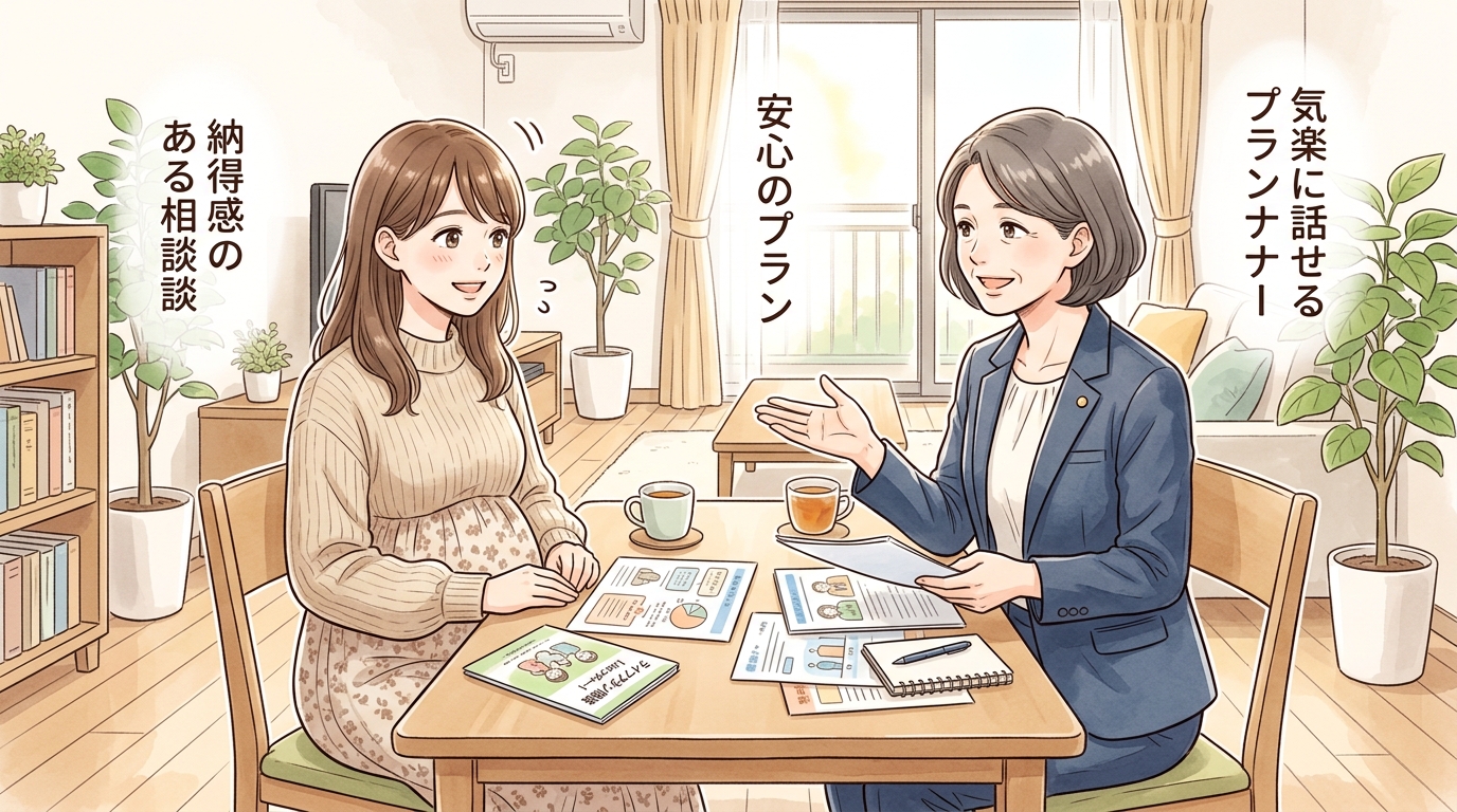 落ち着いた部屋で女性プランナーと安心してライフプランの相談をする妊婦の様子