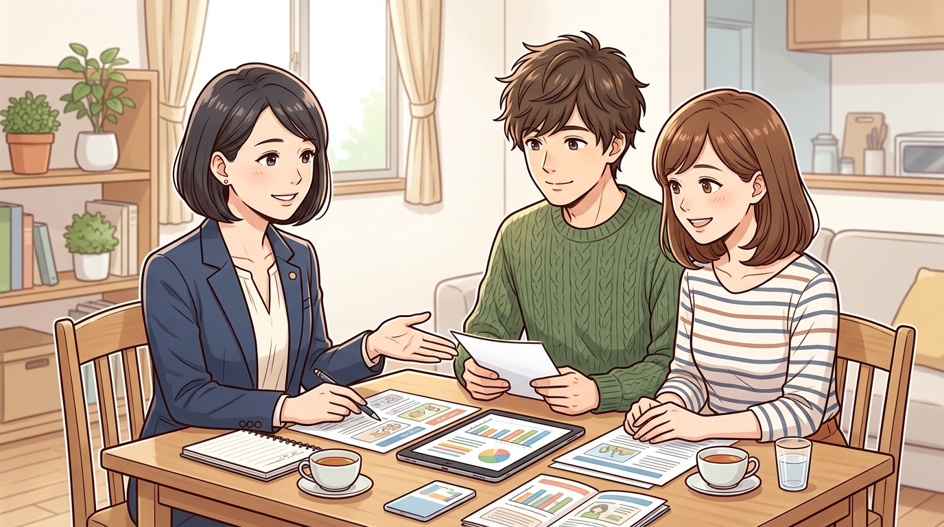 プランナーからライフプランや複数の保険について親身で丁寧な説明を受ける夫婦