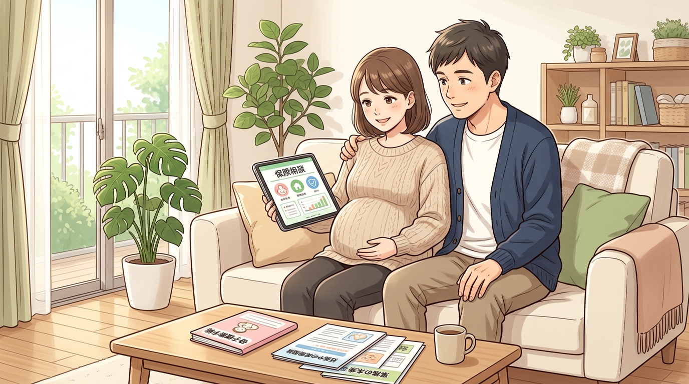 リビングで寄り添いながらタブレットで教育資金や家計のシミュレーションを確認する夫婦