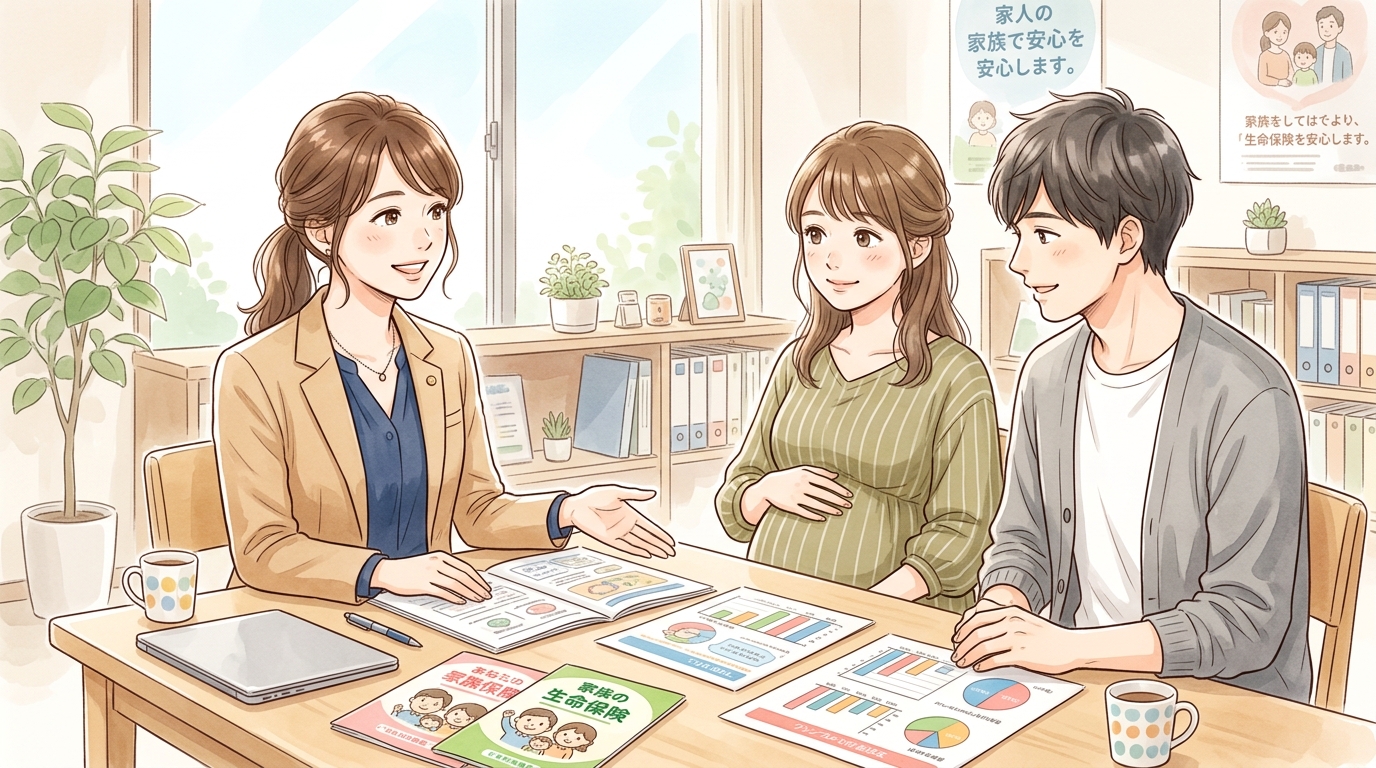 オフィスのテーブルで女性コンサルタントから保険プランについて丁寧な説明を受ける妊婦と夫の様子