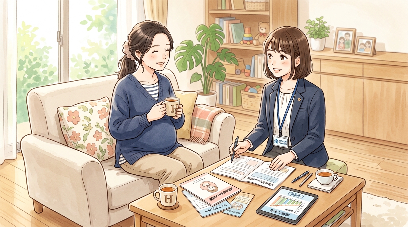自宅のソファで女性ファイナンシャルプランナーからタブレットのグラフを見せられながら安心して相談する妊婦