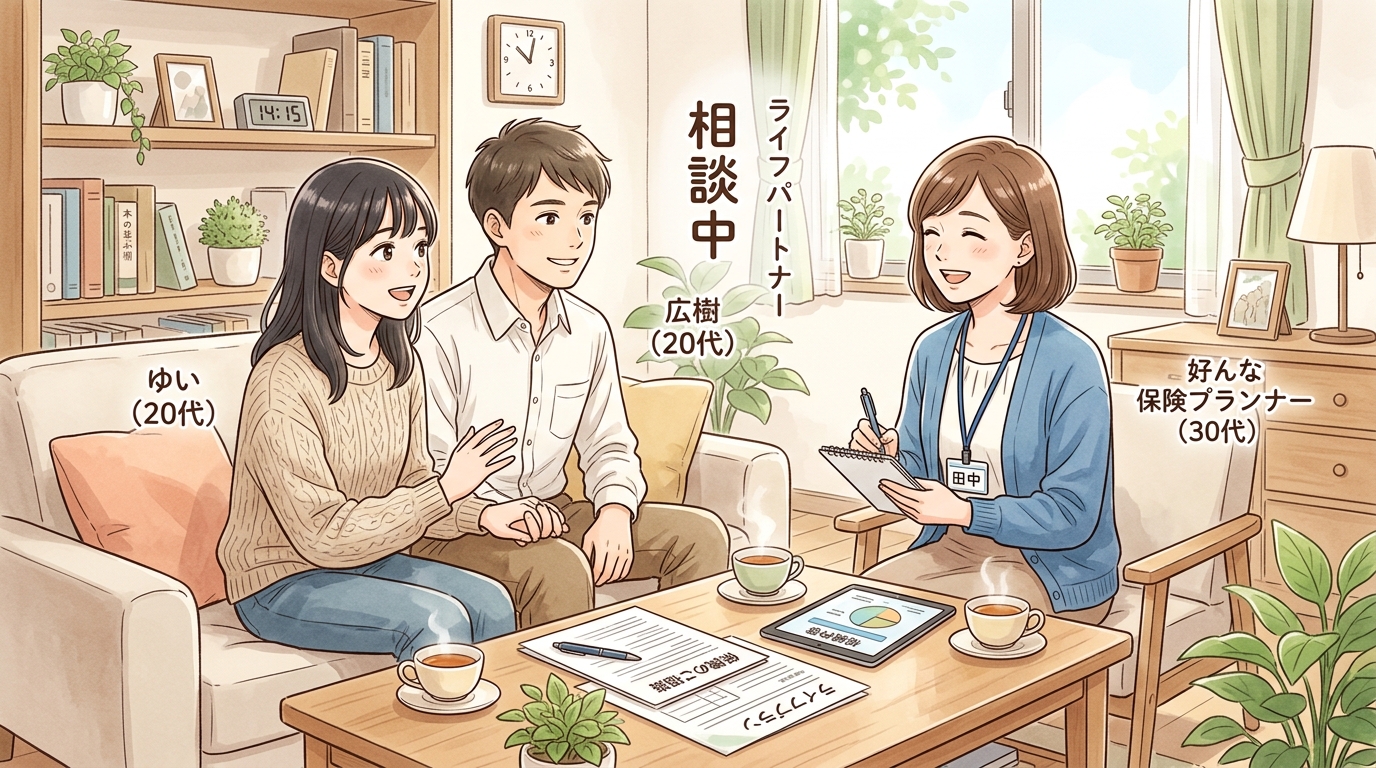 テーブルを囲んでライフプランナーと楽しそうに学資保険や教育資金について相談する20代の夫婦