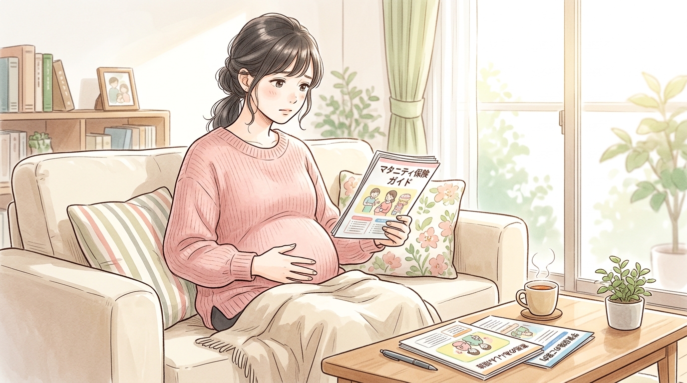 リビングのソファで「マタニティライフガイド」を手に持ちながら、保険について少し考え込む不安そうな表情の妊婦