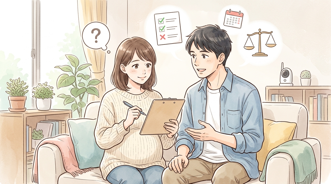 保険の無料相談や家計のバランスについて、バインダーを手に首を傾げて悩む夫婦