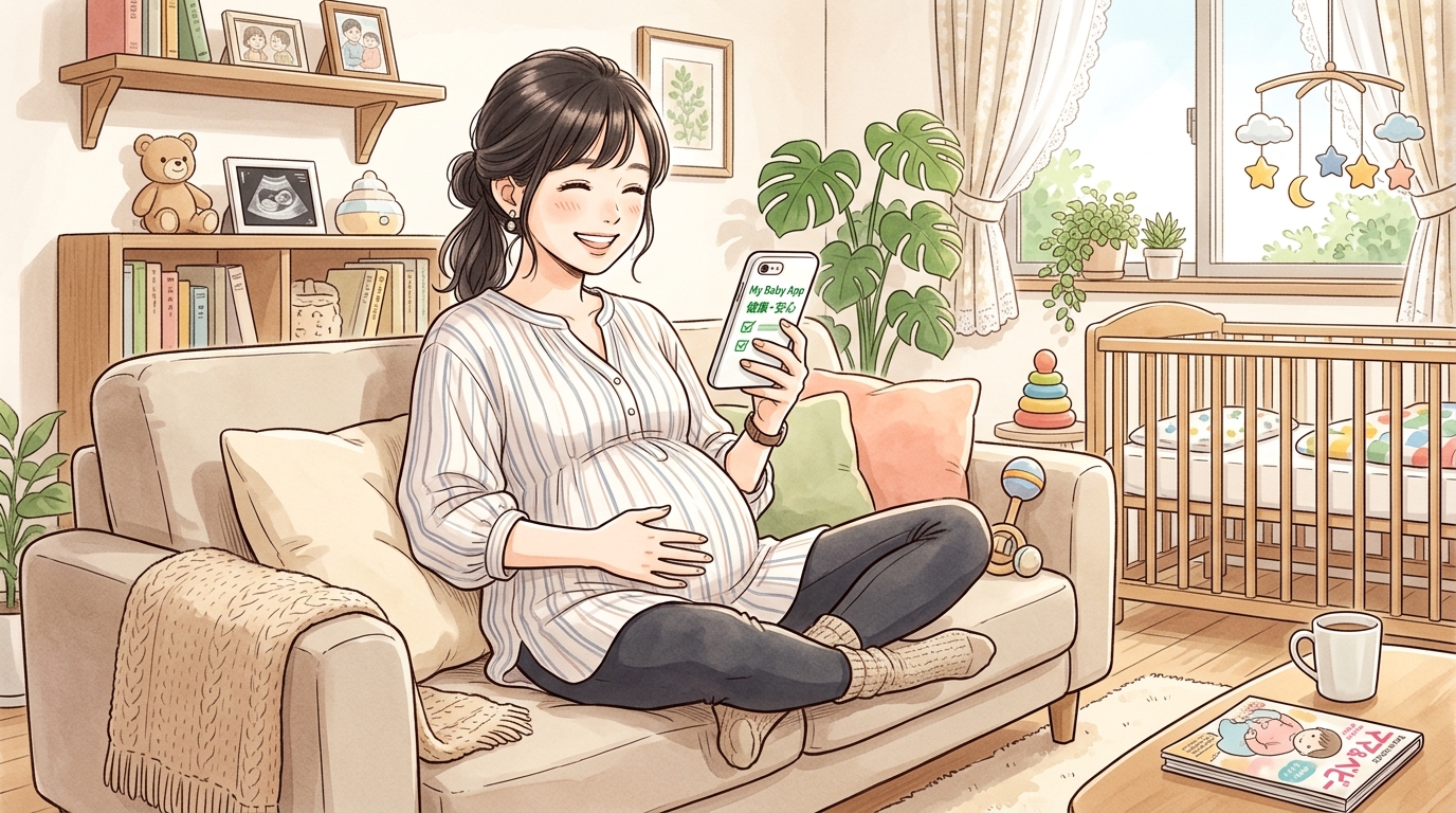 赤ちゃんの部屋でソファに腰掛け、スマホを見ながら優しくお腹に手をあてる笑顔の妊婦